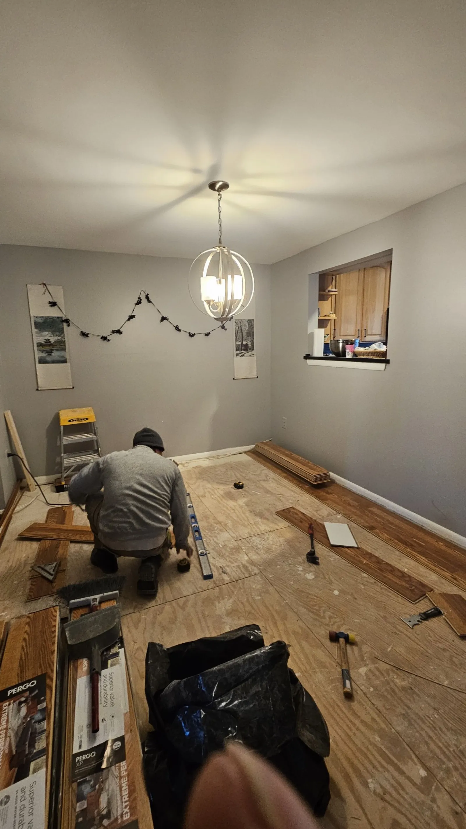 Hardwood flooring installation in progress