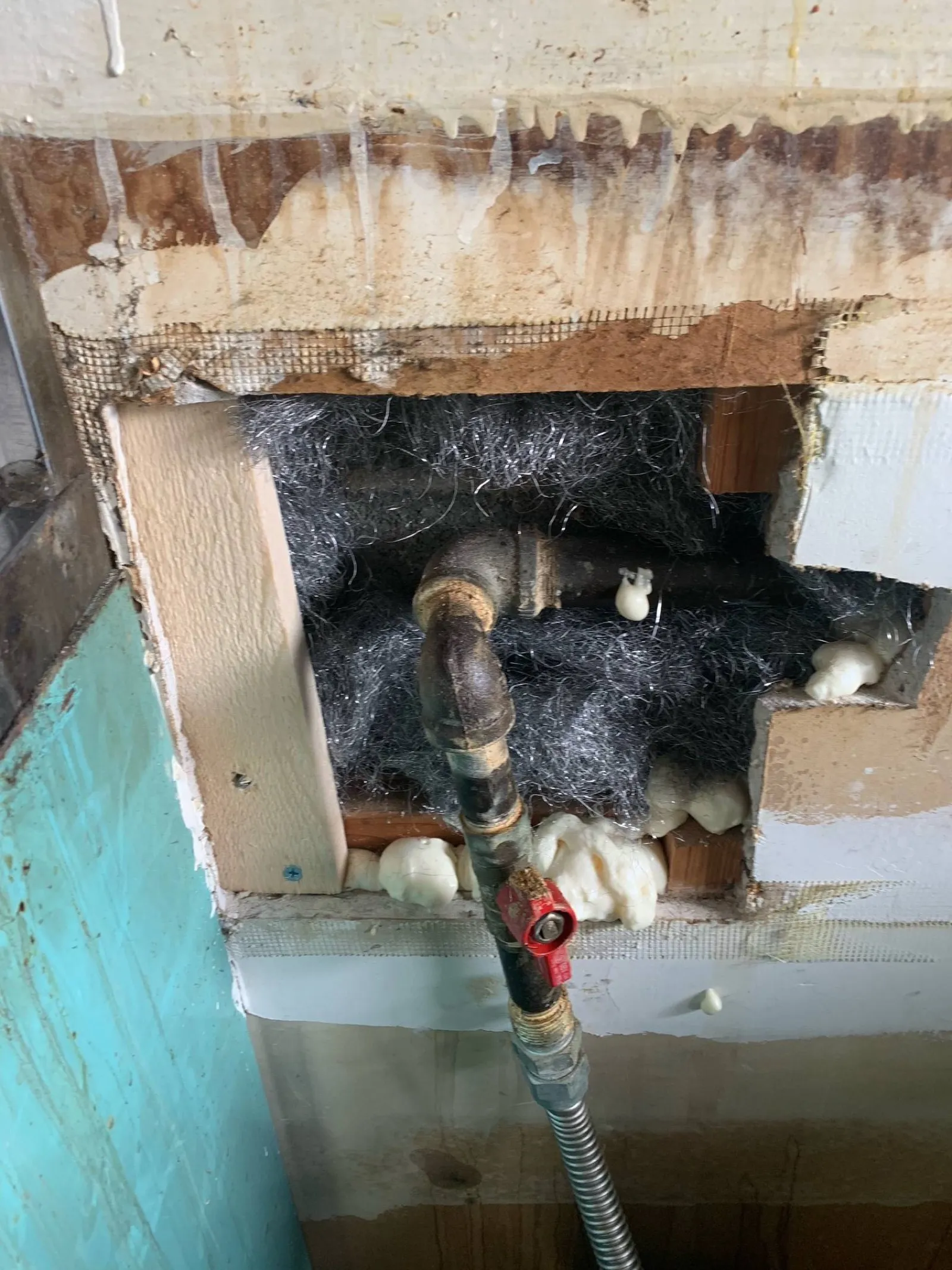 Burst supply line found inside an opened wall during water damage repair
